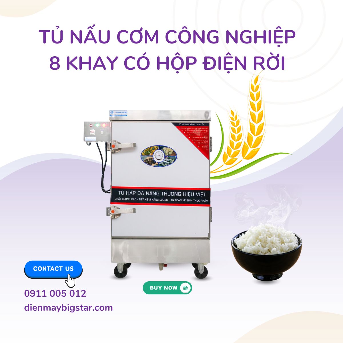 Tủ nấu cơm công nghiệp 8 khay có hộp điện rời